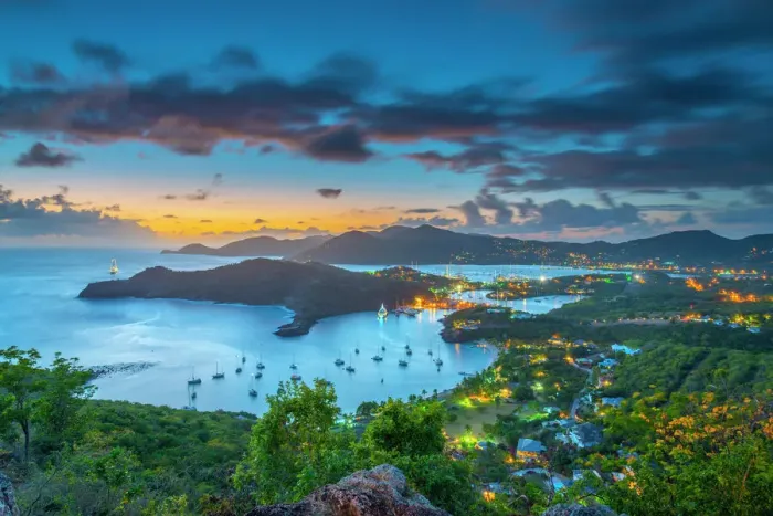 Framed Print : Caribbean, Antigua, English Harbour from Shirley Heights, Sunset Framed Print : Caribbean, Antigua, English Harbour from Shirley Heights, Sunset