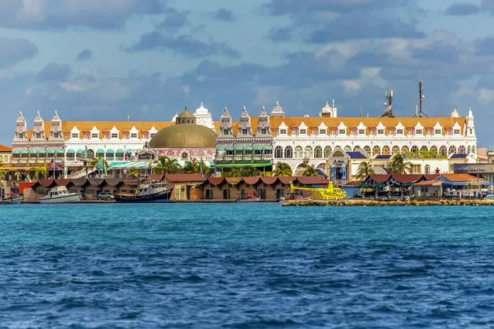 Framed Print : Caribbean, Aruba, Oranjestad, The building of the Royal Plaza Mall from the sea Framed Print : Caribbean, Aruba, Oranjestad, The building of the Royal Plaza Mall from the sea