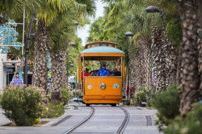 Framed Print : Caribbean, Aruba, Oranjestad, The tourist tram in Wilheminastraat Framed Print : Caribbean, Aruba, Oranjestad, The tourist tram in Wilheminastraat