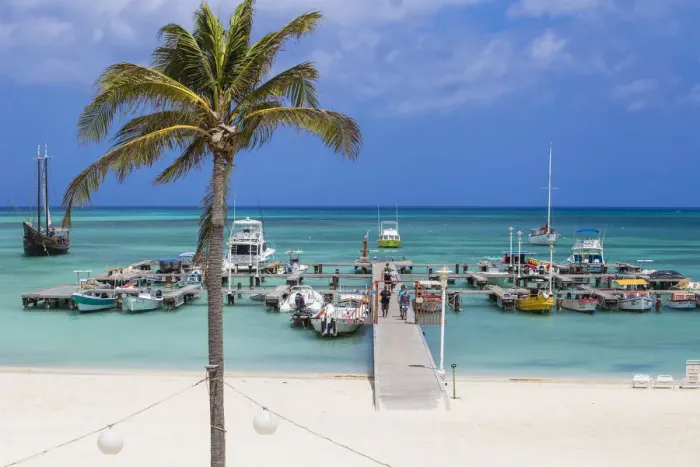 Framed Print : Caribbean, Netherland Antilles, Aruba, View of Palm beach and Fishermans pier Framed Print : Caribbean, Netherland Antilles, Aruba, View of Palm beach and Fishermans pier