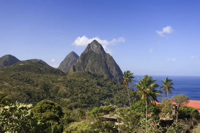 Framed Print : Caribbean, St Lucia, Petit and Gros Piton Mountains (UNESCO World Heritage Site)