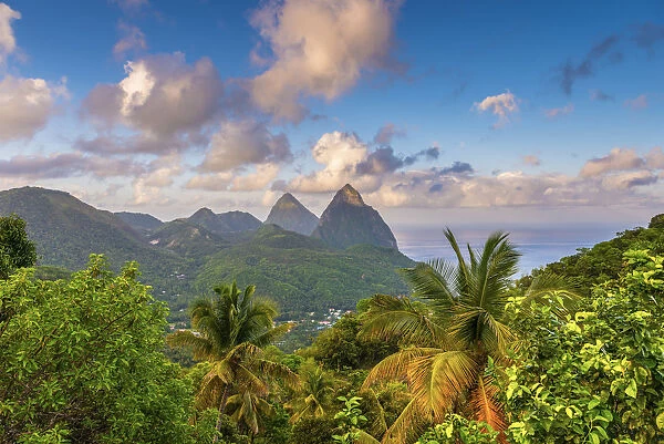 Caribbean, St Lucia, Petit (near) and Gros Piton Mountains (UNESCO World Heritage Site)
