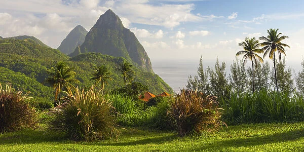 Caribbean, St Lucia, Petit (near) and Gros Piton Mountains (UNESCO World Heritage