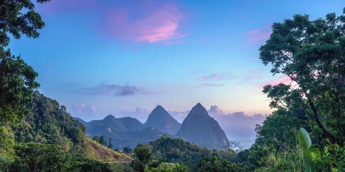 Framed Print : Caribbean, St Lucia, Petit (near) and Gros Piton Mountains (UNESCO World Heritage Site)