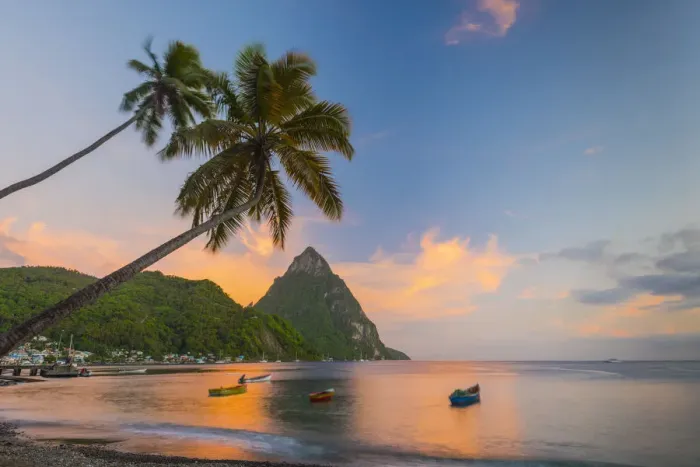 Framed Print : Caribbean, St Lucia, Soufriere, Soufriere Bay, Soufriere Beach and Petit Piton (UNESCO