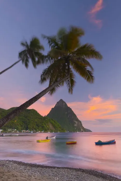 Framed Print : Caribbean, St Lucia, Soufriere, Soufriere Bay, Soufriere Beach and Petit Piton (UNESCO Framed Print : Caribbean, St Lucia, Soufriere, Soufriere Bay, Soufriere Beach and Petit Piton (UNESCO