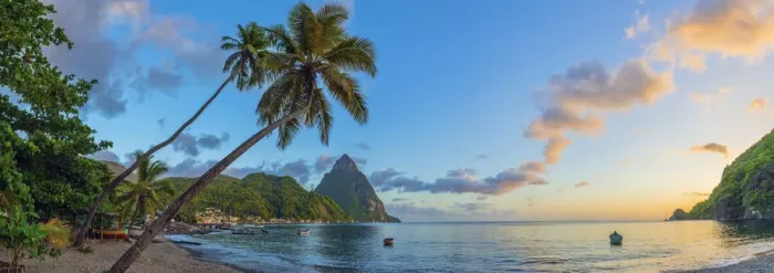 Framed Print : Caribbean, St Lucia, Soufriere, Soufriere Bay, Soufriere Beach and Petit Piton (UNESCO