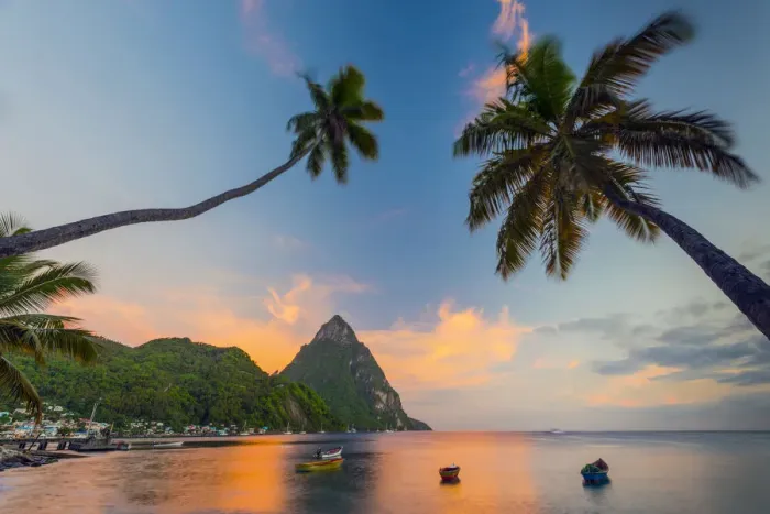 Framed Print : Caribbean, St Lucia, Soufriere, Soufriere Bay, Soufriere Beach and Petit Piton (UNESCO Framed Print : Caribbean, St Lucia, Soufriere, Soufriere Bay, Soufriere Beach and Petit Piton (UNESCO