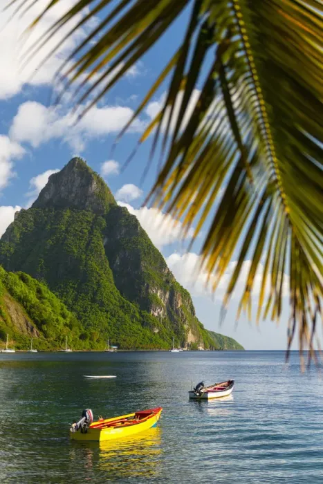 Framed Print : Caribbean, St Lucia, Soufriere, Soufriere Bay, Soufriere Beach and Petit Piton (UNESCO Framed Print : Caribbean, St Lucia, Soufriere, Soufriere Bay, Soufriere Beach and Petit Piton (UNESCO