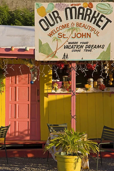 Caribbean, US Virgin Islands, St. John, colourfully painted building in Cruz Bay