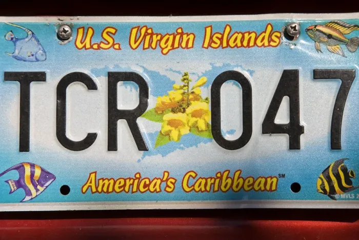 Framed Print : Caribbean, US Virgin Islands, St. Thomas, car license plate
