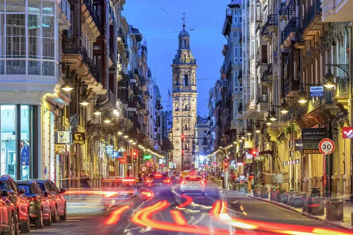 Framed Print : Carrer de la Pau street with Santa Catalina tower in the background, Valencia, Spain Framed Print : Carrer de la Pau street with Santa Catalina tower in the background, Valencia, Spain