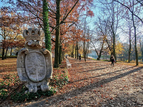 Cartouche with the Coat of Arms of King Stanislaw August, Lazienki Park or Royal Baths Park, Warsaw, Masovian Voivodeship, Poland