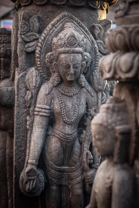 Framed Print : Carved statues at Swayambunath temple (aka Monkey Temple), Kathmandu, Nepal Framed Print : Carved statues at Swayambunath temple (aka Monkey Temple), Kathmandu, Nepal