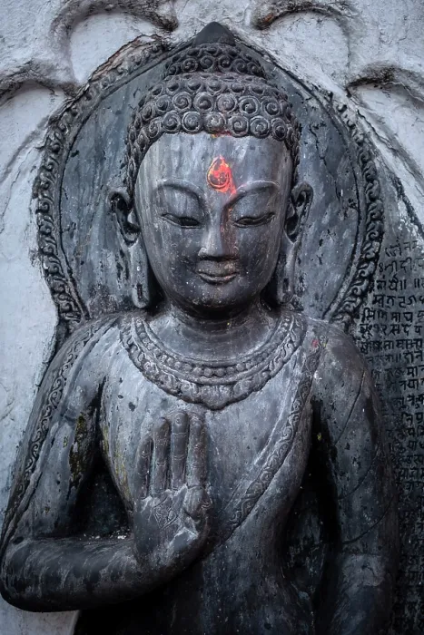 Framed Print : Carved statues at Swayambunath temple (aka Monkey Temple), Kathmandu, Nepal