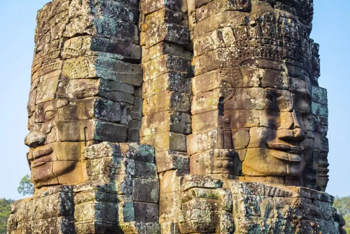 Framed Print : Carved stone faces at Prasat Bayon temple ruins, Angkor Thom, UNESCO World Heritage Site Framed Print : Carved stone faces at Prasat Bayon temple ruins, Angkor Thom, UNESCO World Heritage Site