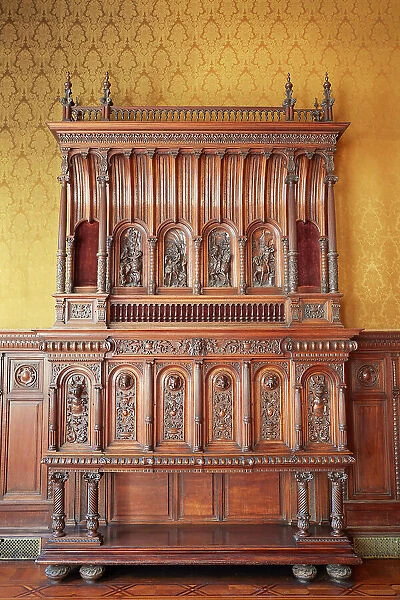 Carved wooden furniture inside the Palacio Paz building, Retiro, Buenos Aires, Argentina
