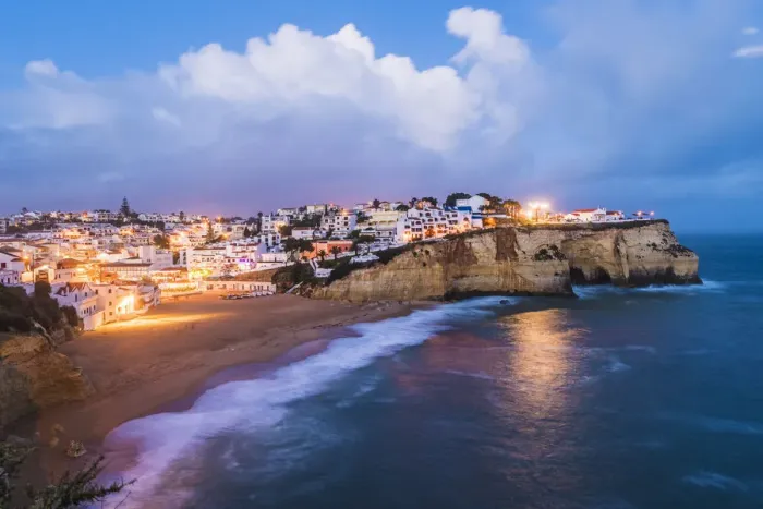 Framed Print : Carvoeiro, Lagoa, Algarve, Portugal. City lights at dusk