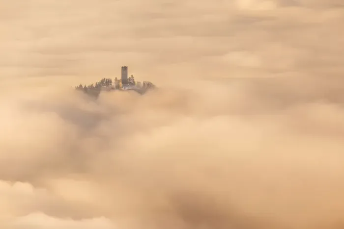 Framed Print : Castel Baradello tower rise up from a sea of clouds in a magic sunrise, Como, Lombardy Framed Print : Castel Baradello tower rise up from a sea of clouds in a magic sunrise, Como, Lombardy