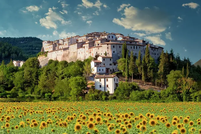 Framed Print : Castel San Felice & Sunflowers, Umbria, Italy Framed Print : Castel San Felice & Sunflowers, Umbria, Italy