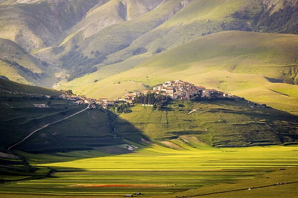 Castelluccio di Norcia, Umbria, Italy. View of the town from the valley