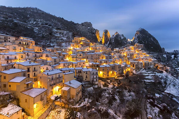Castelmezzano after a snowfall at dusk, Potenza province, Basilicata, Italy