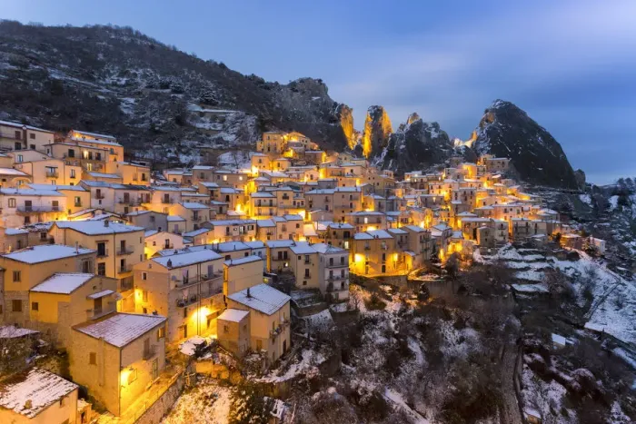 Framed Print : Castelmezzano after a snowfall at dusk, Potenza province, Basilicata, Italy Framed Print : Castelmezzano after a snowfall at dusk, Potenza province, Basilicata, Italy