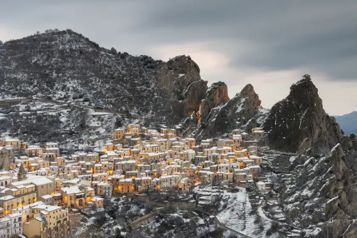 Framed Print : Castelmezzano after a snowfall at dusk, Potenza province, Basilicata, Italy Framed Print : Castelmezzano after a snowfall at dusk, Potenza province, Basilicata, Italy