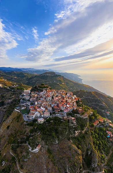 Castelmola, Sicily. Aerial view of the village on the top of a mountain near Taormina at