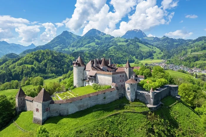 Framed Print : Castle of Gruyeres in spring. Gruyeres, Canton of Fribourg, Switzerland Framed Print : Castle of Gruyeres in spring. Gruyeres, Canton of Fribourg, Switzerland