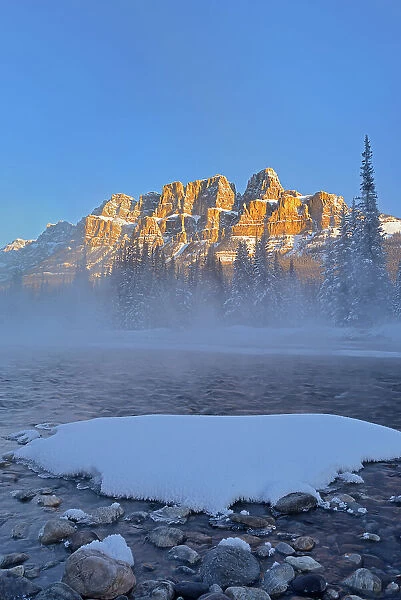 Castle Mountain and the Bow River at sunrise. Castle Junction, Banff National Park, Alberta, Canada