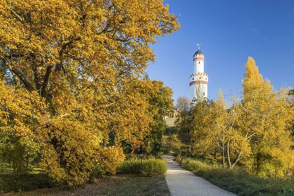 Castle park of Bad Homburg vor der Hoehe with White Tower, Taunus, Hesse, Germany