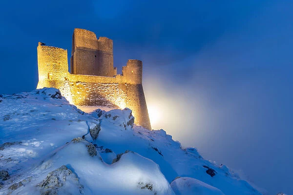 Castle of Rocca Calascio in winter during the dusk Europe, Italy, Abruzzo