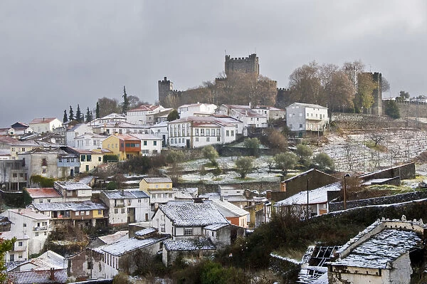 The castle and snowy historical center of Braganca, one of the old cities of Portugal