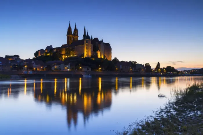 Framed Print : Cathedral, Albrechtsburg and River Elbe at dusk, Meissen, Saxony, Germany