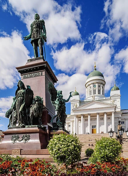 Cathedral and Alexander II Statue, Senate Square, Helsinki, Uusimaa County, Finland