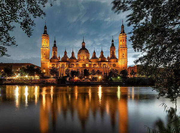 Cathedral-Basilica of Our Lady of the Pillar Reflecting in the Ebro River, Zaragoza, Aragon, Spain