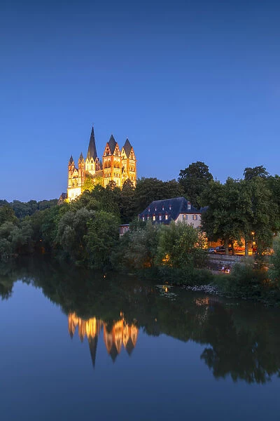 Cathedral (Dom) and River Lahn at dusk, Limburg, Hesse, Germany