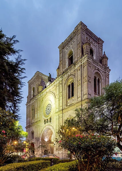 Cathedral of the Immaculate Conception at twilight, Calderon Park, Cuenca, Azuay Province