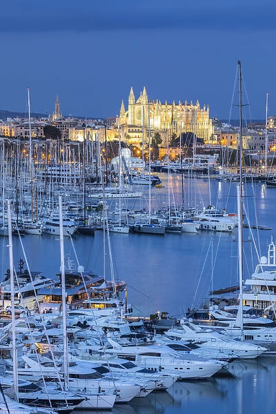 Cathedral La Seu and harbour, Palma, Mallorca (Majorca), Balearic Islands, Spain