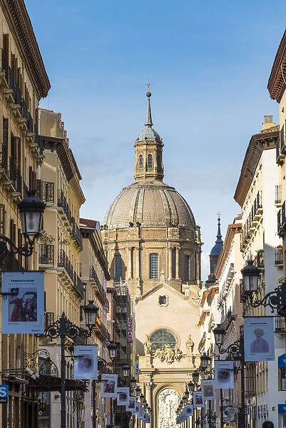Cathedral of our Lady of the Pillar seen from calle Alfonso. Zaragoza, Aragon, Spain