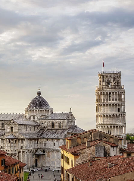 Cathedral and Leaning Tower at sunset, elevated view, Pisa, Tuscany, Italy