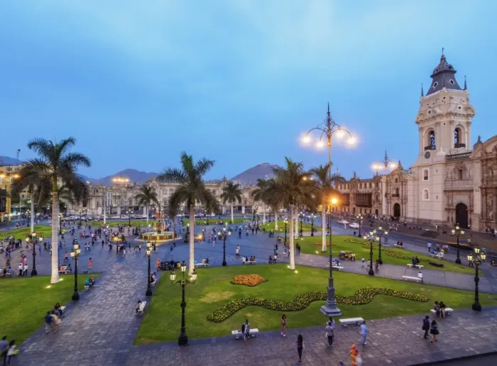Framed Print : Cathedral and Plaza de Armas at twilight, elevated view, Lima, Peru Framed Print : Cathedral and Plaza de Armas at twilight, elevated view, Lima, Peru