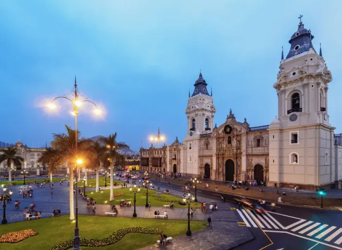 Framed Print : Cathedral and Plaza de Armas at twilight, elevated view, Lima, Peru Framed Print : Cathedral and Plaza de Armas at twilight, elevated view, Lima, Peru