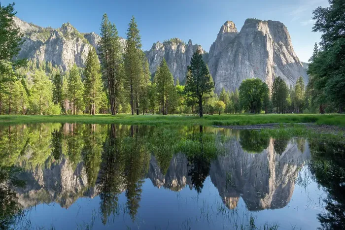 Framed Print : Cathedral Rocks reflected in floodpools, Yosemite Valley, California, USA. Spring (June) 2016