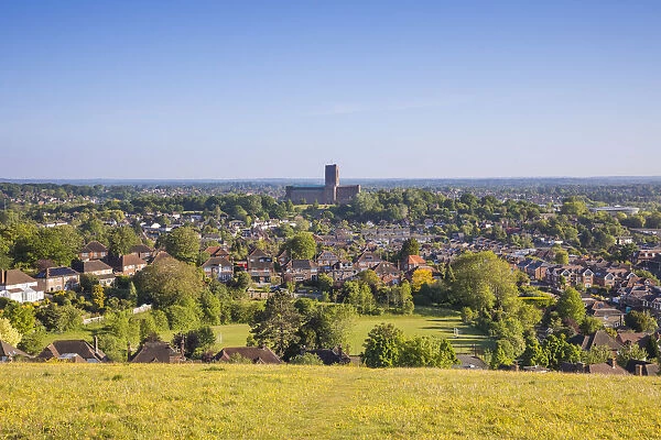 Cathedral and skyline of Guildford from The Mount, Surrey, England, UK