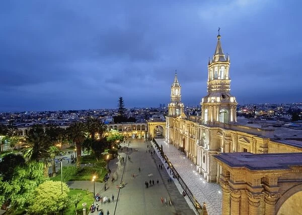Cathedral at twilight, Plaza de Armas, elevated view, Arequipa, Peru