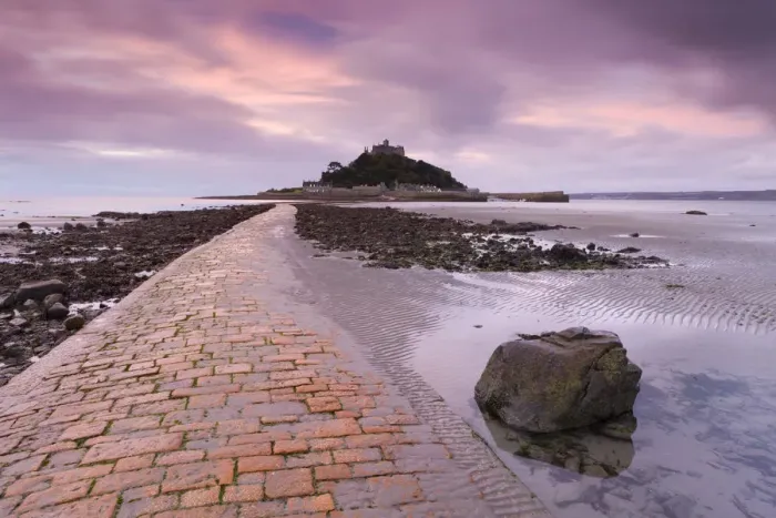 Framed Print : Causeway at low tide, leading to St Michaels Mount, Cornwall, England. Autumn Framed Print : Causeway at low tide, leading to St Michaels Mount, Cornwall, England. Autumn