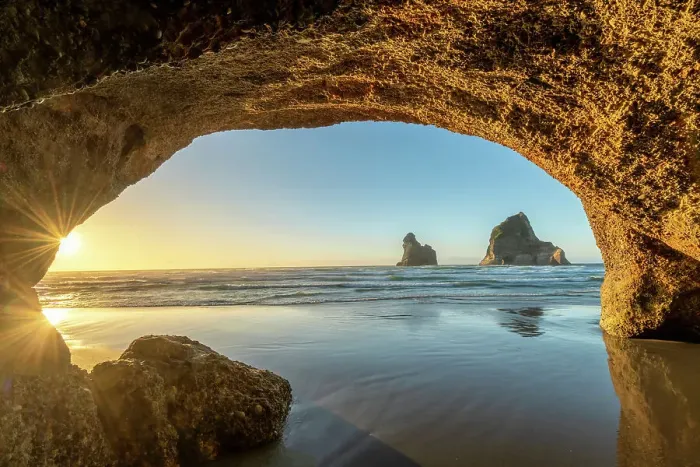 Framed Print : Cave Framing Archway Islands, Wharariki Beach, South Island, New Zealand Framed Print : Cave Framing Archway Islands, Wharariki Beach, South Island, New Zealand