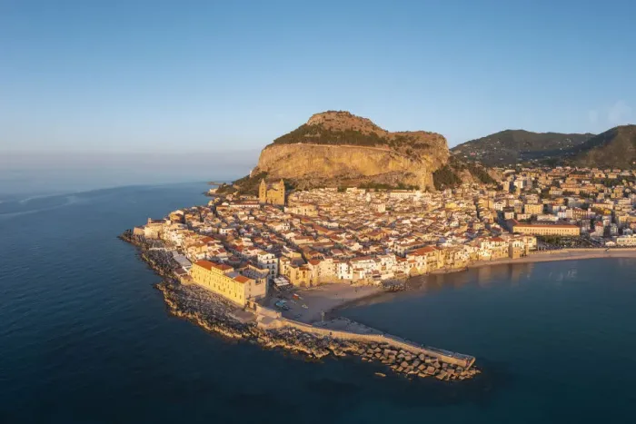Framed Print : Cefalu, Sicily, Italy. Aerial cityscape at sunset